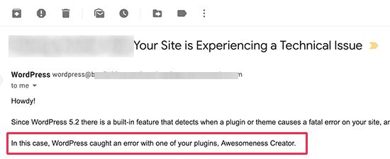 Technical issue email sent to admin ایمیل مشکلات فنی وردپرس